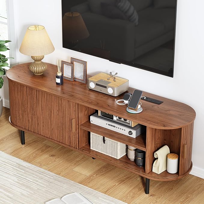 63" TV Stand with Power Outlet, Modern Media Console with Sliding Doors - Image 3