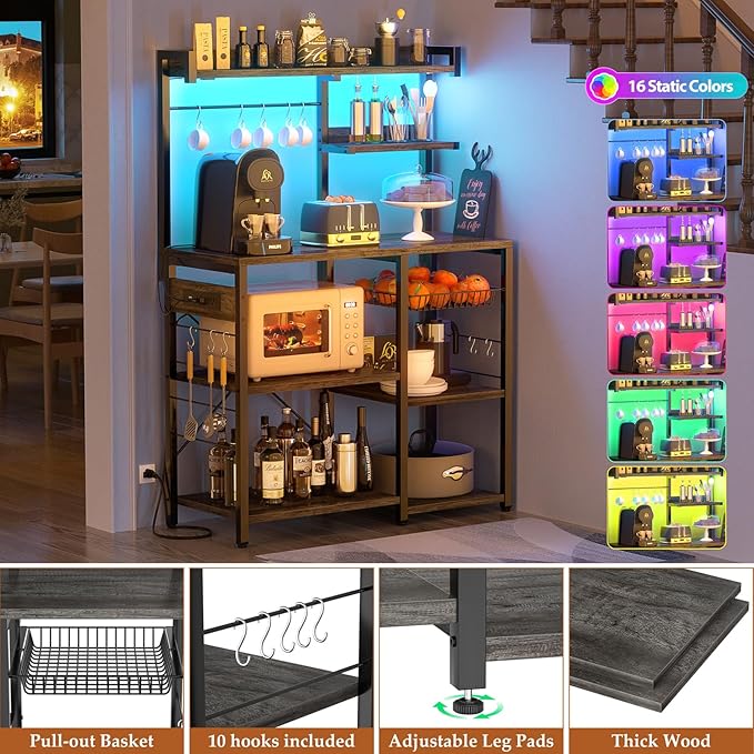 Aheaplus Bakers Rack with Power Outlet and LED Light Strings, Microwave Oven - Image 3