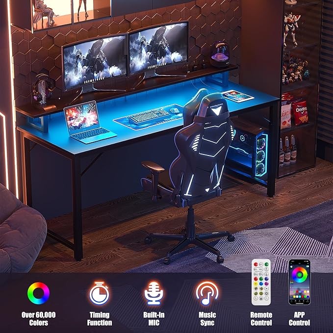 Computer Desk with USB Power Outlets and LED Lights, 55 inch Gaming Desk with - Image 4