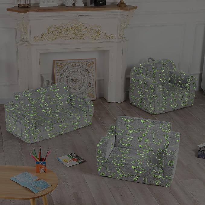 Dinosaur Glow in The Dark Toddler Couch, 2-in-1 Toddler Soft Couch Fold Out - Image 7