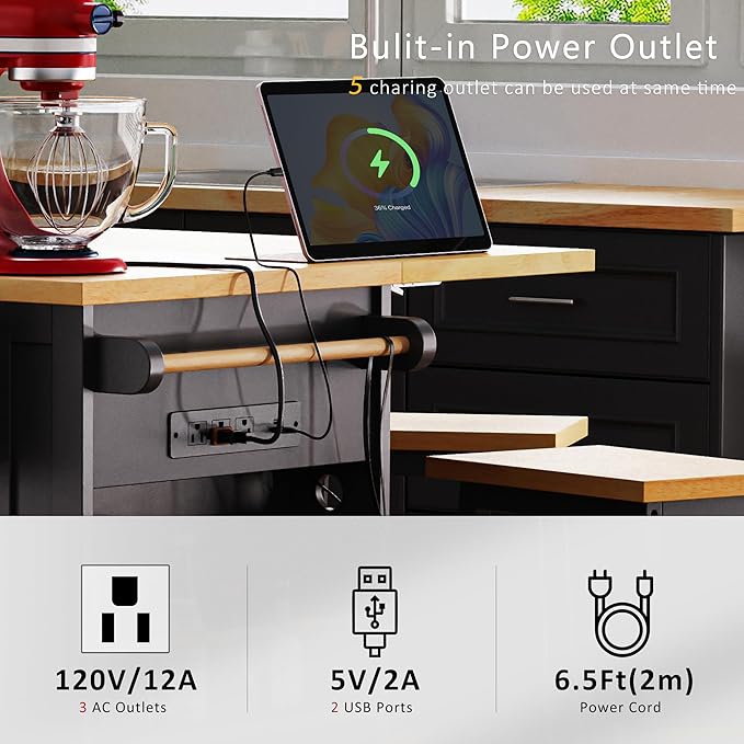 53" Large Kitchen Island with Drop Leaf, Power Outlet & Door Internal Storage - Image 4