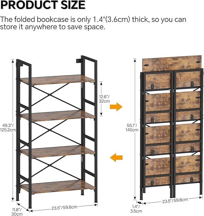 Folding Bookshelf, 4 Tier Bookcase Foldable Shelf - Image 3