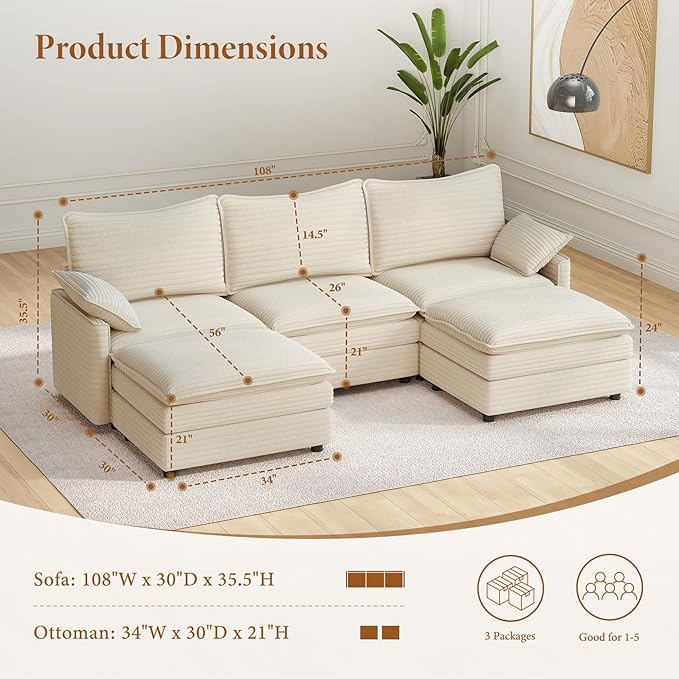 Vesgantti 108" U Shaped Sectional Couch, Comfy Cloud Modular Sectional Sofa - Image 2