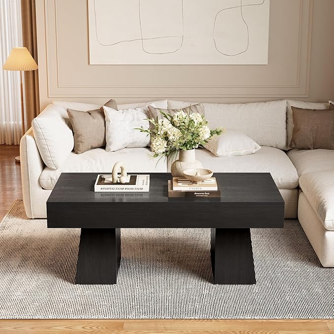 LITTLE TREE Farmhouse Coffee Table, 47 Inches Wooden Rectangular Accent Center - Image 4