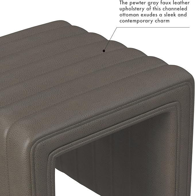 HomePop Modern Channel Tufted Faux Leather Ottoman Home Décor|Ottoman - Image 4
