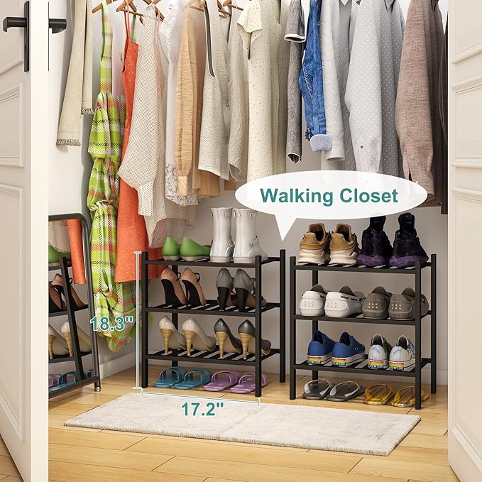 Small Shoe Rack for Entryway, 3-Tier Black Bamboo Shoe Organizer for Hallway - Image 4