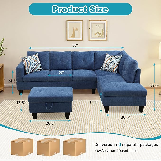 Couches for Living Room Modern L Shaped Couch Comfy Linen Fabric 3 Pieces - Image 2