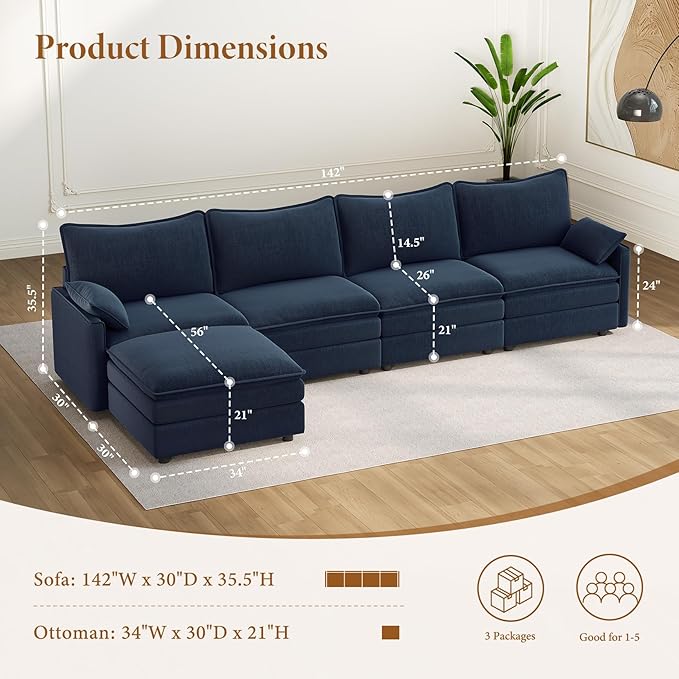 Vesgantti 142" Cloud Couch Sectional Modular Sofa, Comfy Sectional Couch - Image 2
