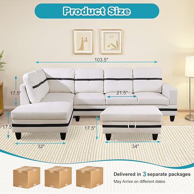 L Shaped Couch PU Leather Sectional Couch Upholstered 3 Pieces Sofas - Image 2