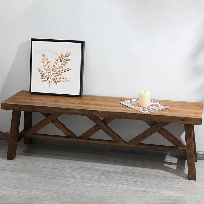 Wnutrees 54" Farmhouse Wood Bench, Rustic Solid Wood Entryway Bench Seat by Wnutrees