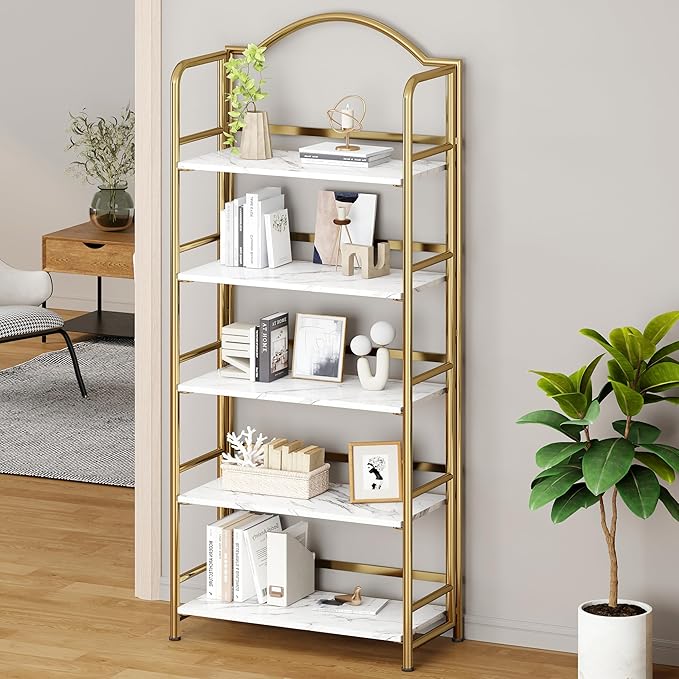 No-Assembly Gold Folding Bookshelf Storage Shelves 5 Tiers Vintage - Image 2