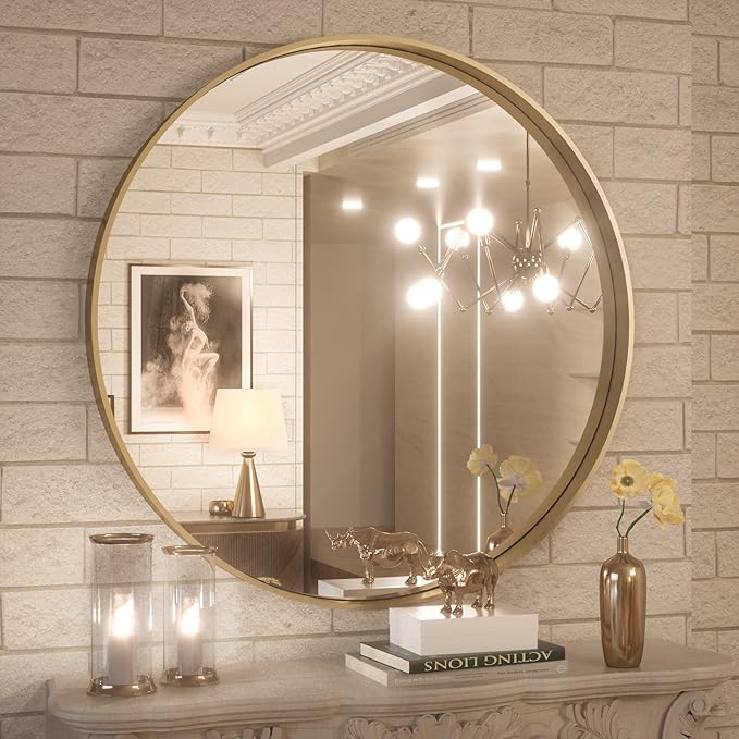 TokeShimi Brushed Gold Round Mirror 30 Inch Gold Round Vanity Bathroom Mirror by RefinedBathroomAccessories