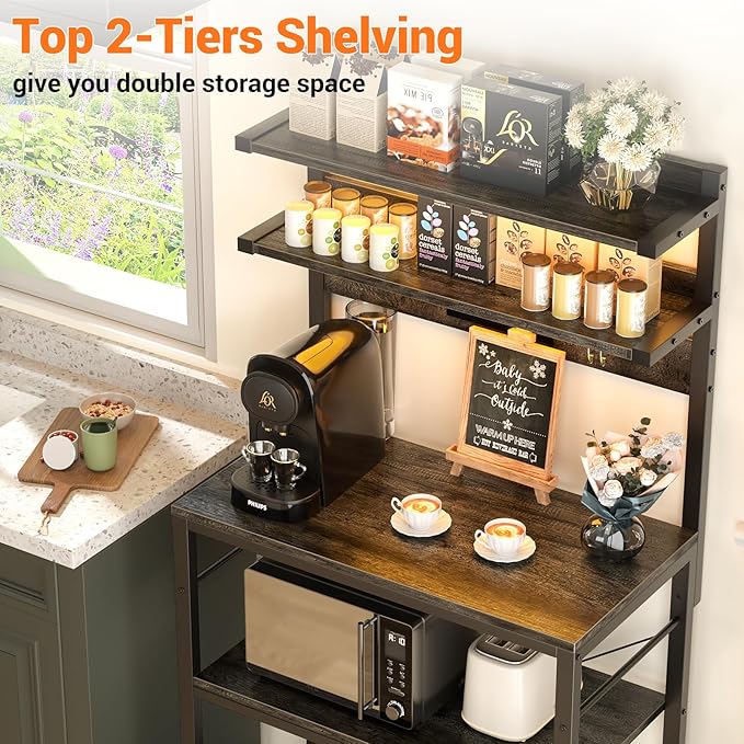 Aheaplus Bakers Rack with Power Outlet, Microwave Stand, 5 Tiers Coffee Bar - Image 5