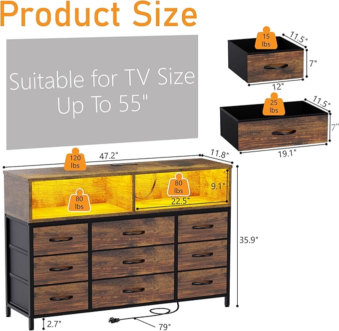 Dresser for Bedroom, 9 Drawers Led Dresser TV Stand - Image 2