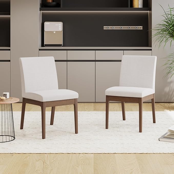 Dining Table Set for 4, Solid Rubberwood Upholstered Chairs, Mid-Century Modern - Image 8