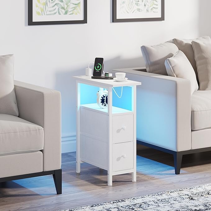 End Table Set 2 with Charging Station, Narrow Side Table with 2 Fabric Drawers - Image 8