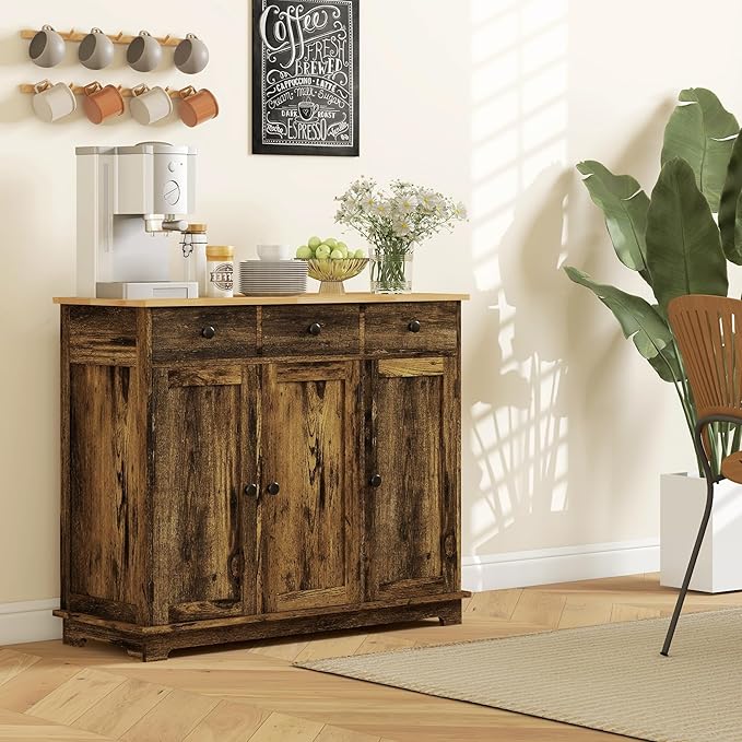 HOMCOM Sideboard with Solid Wood Countertop, Modern Kitchen Storage Cabinet - Image 8