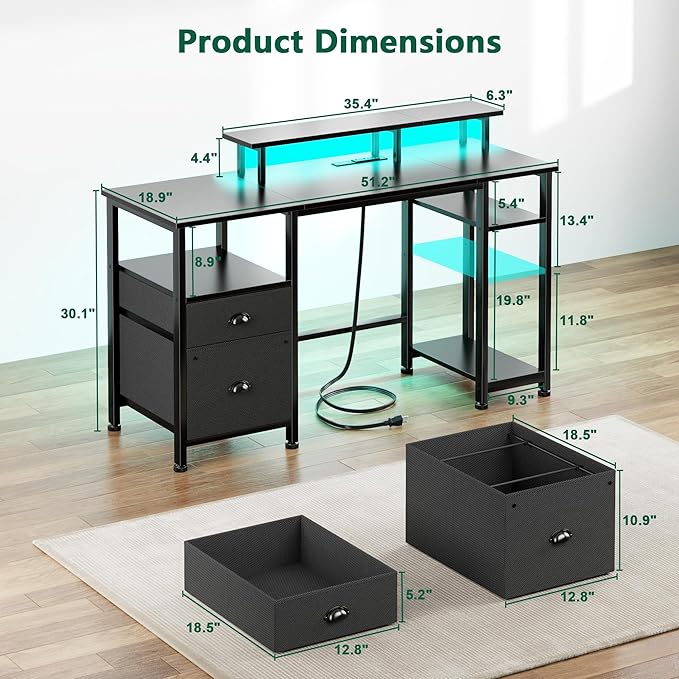 Furologee 51" Gaming Desk with Power Outlets & LED Lights, Reversible Computer - Image 2