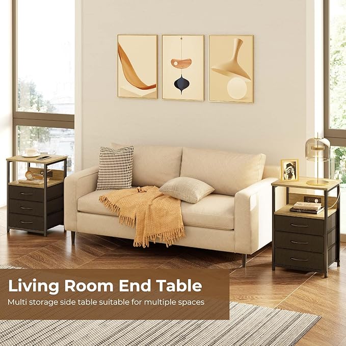 Seventable Nightstand with Charging Station and LED Light, Side Table with 3 - Image 6