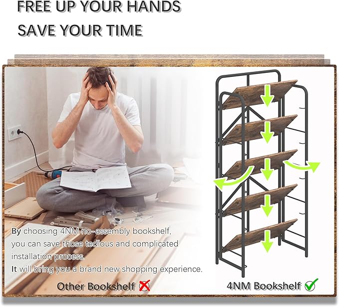4NM No Assembly Folding Bookshelf 5 Tiers Vintage Industrial Black Book Shelf - Image 9