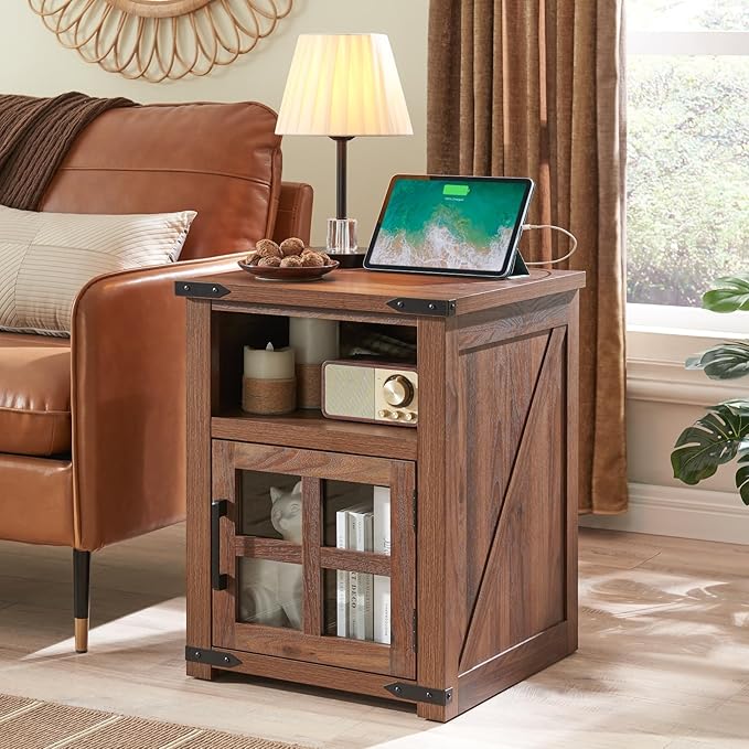 Farmhouse Nightstand with Charging Station, Rustic End Table with Tempered - Image 5