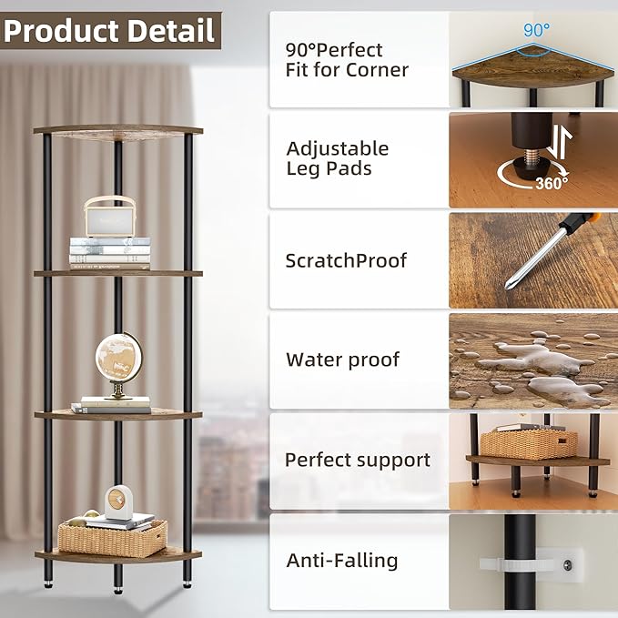 4 Tier Corner Shelf, Bookcase for Small Spaces, Corner Display Shelf, Plant - Image 3