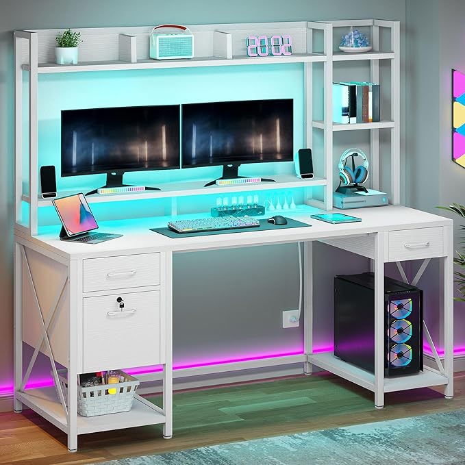 DWVO Computer Desk with Drawers & Hutch, 59.1" Office Desk with Power Outlets & - Image 3