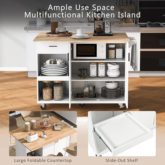 49" Foldable Kitchen Island Cart, Towel Rack & Drawer, Rolling on Wheels - Image 3