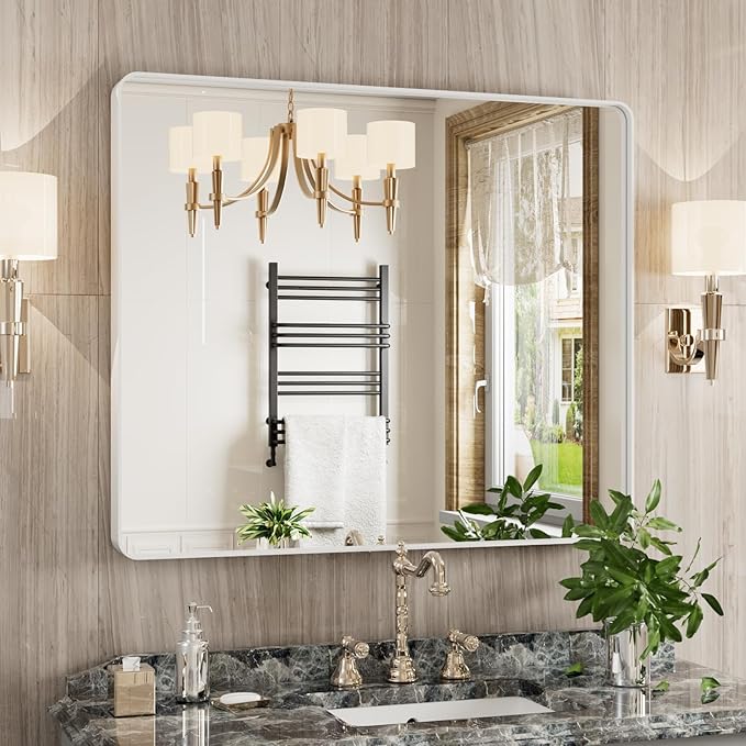 White Bathroom Mirror 30x36 Inch, Rounded Rectangle Matte Bathroom Vanity Mirror by JISOSO