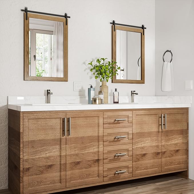 Farmhouse Wall Mirror, Rustic Wood Frame Bathroom Mirror Barn Door Inspired - Image 2