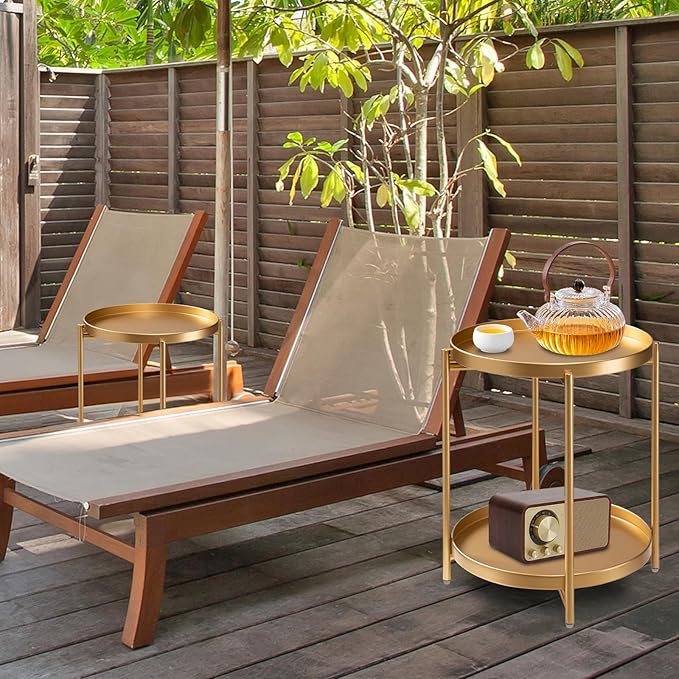 danpinera 2-Tier End Table, Outdoor Side Table Metal Round Side Table - Image 6