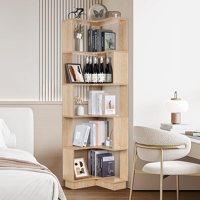 Wooden Corner Bookcase, 5 Tiers Corner Bookshelf 68.9" L-Shaped Storage Display - Image 8