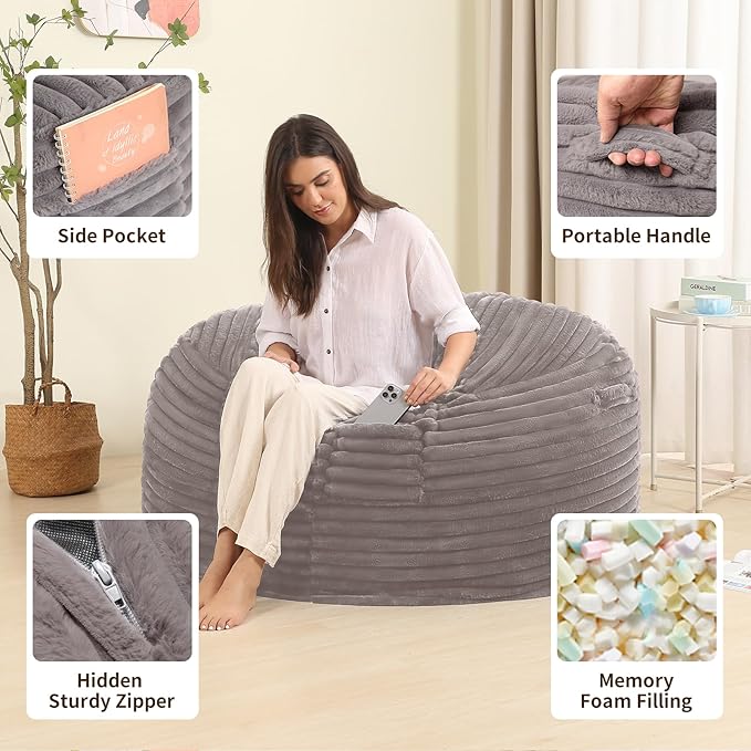 4FT Memory Foam Bean Bag Chair for Adults/Teens, Bean Bag Sofa - Image 3