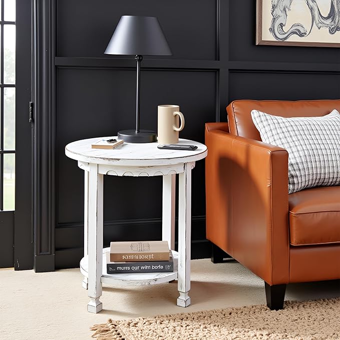Rustic Cottage Round End Table w/ 1 Shelf, Farmhouse Style - Image 6