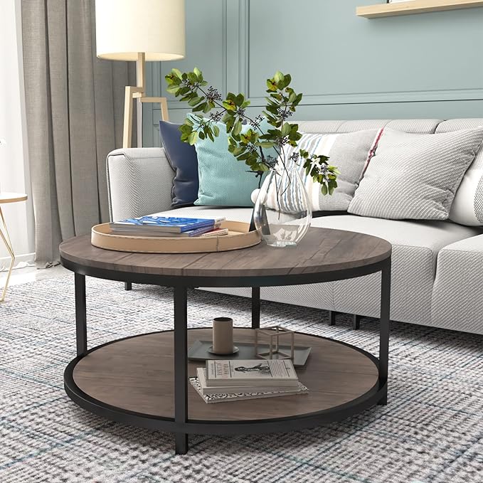NSdirect Round Coffee Table, 2-Tier Rustic Wood Desktop - Image 9