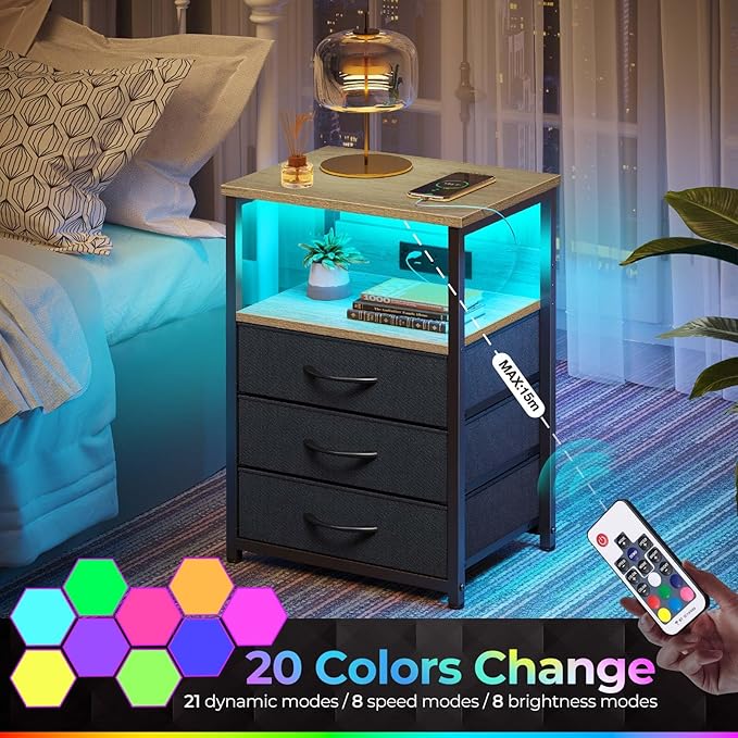 Seventable Nightstand with Charging Station and LED Light, Side Table with 3 - Image 4