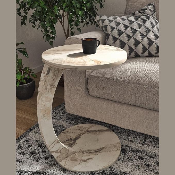 C Shaped End Table for Couch Small Places, Faux Marble White Space Saver Round - Image 3