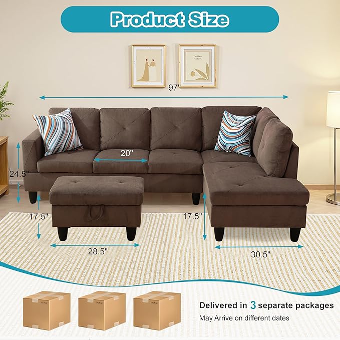 Couches for Living Room Modern L Shaped Couch Comfy Sackcloth Fabric 3 Pieces - Image 2