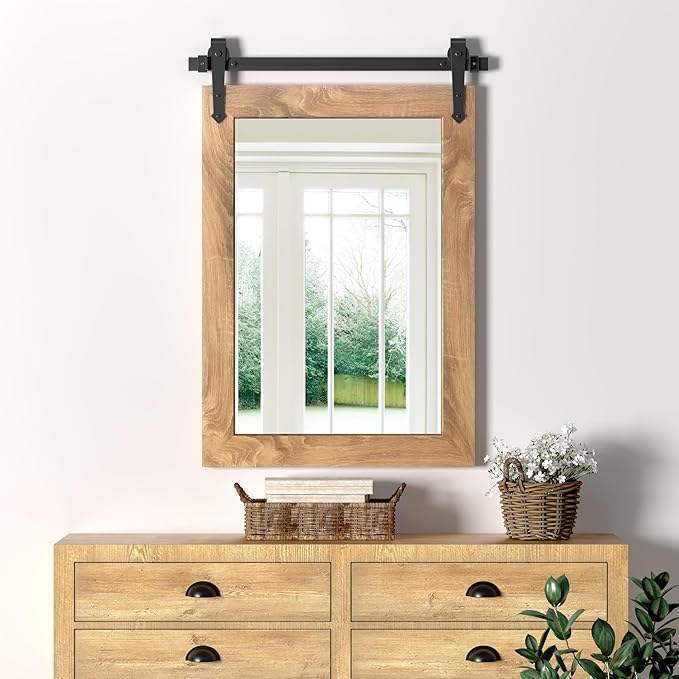 Farmhouse Bathroom Mirror 18" x 24" Rustic Wood Framed Wall Barn Door Mirror - Image 5