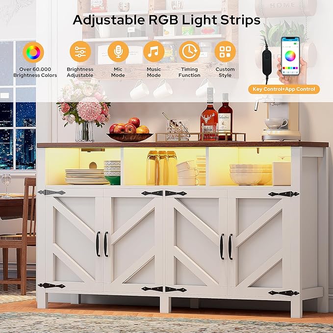 Buffet Sideboard with Storage with Power Outlets & LED Light 4 Doors, Dining - Image 3