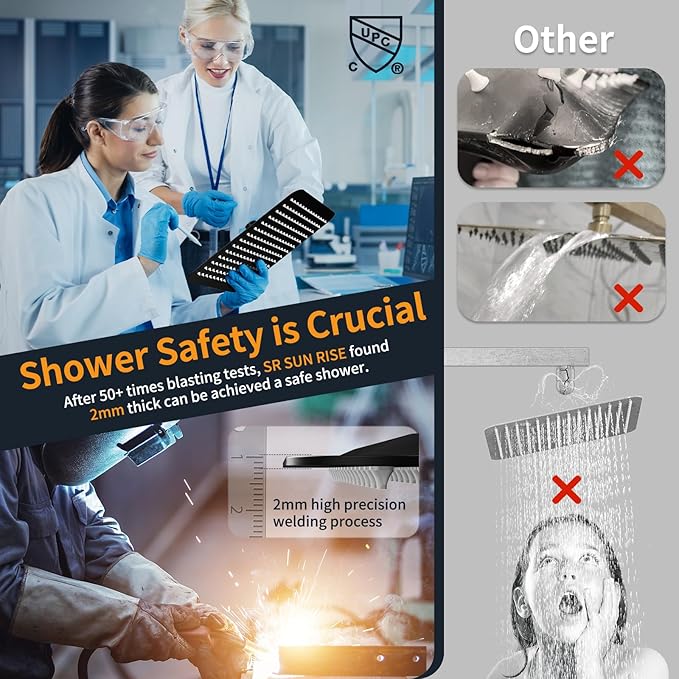 SR SUN RISE Black Square Rainfall Shower Head and Handle Set, Wall Mounted - Image 7