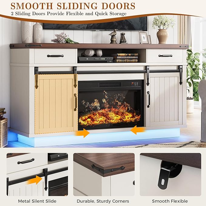 59'' Fireplace TV Stand with 3D Flame Electric Fireplace Heater, Entertainment - Image 9