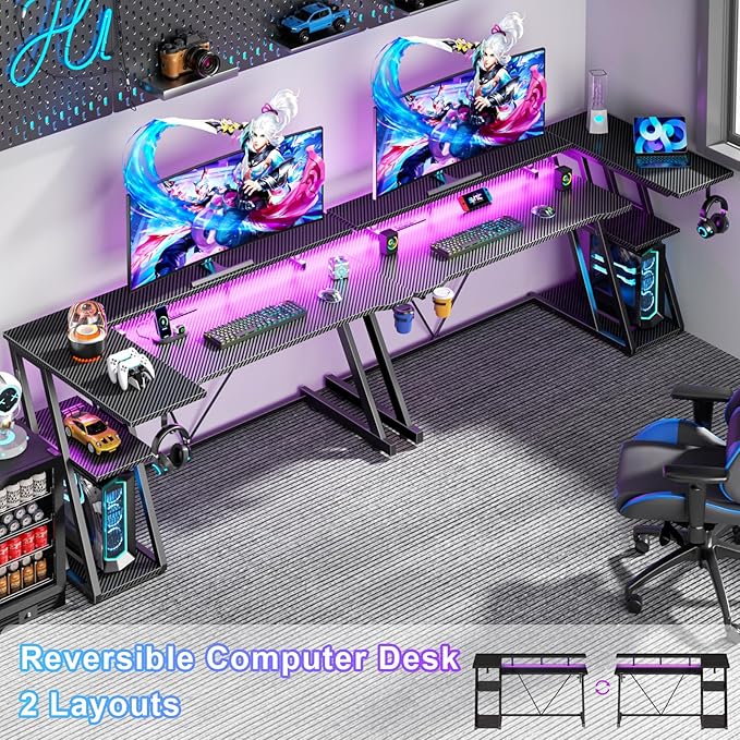 55 Inch Gaming Desk with Power Outlet & LED Lights, L Shaped Gamer Computer - Image 3