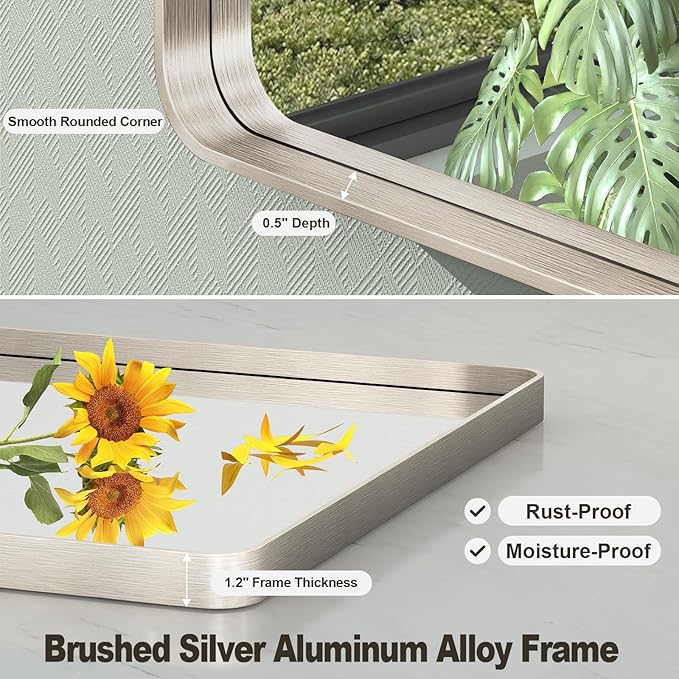 30x36 Inch Brushed Nickel Bathroom Mirror, Brushed Silver Metal Framed Wall - Image 2