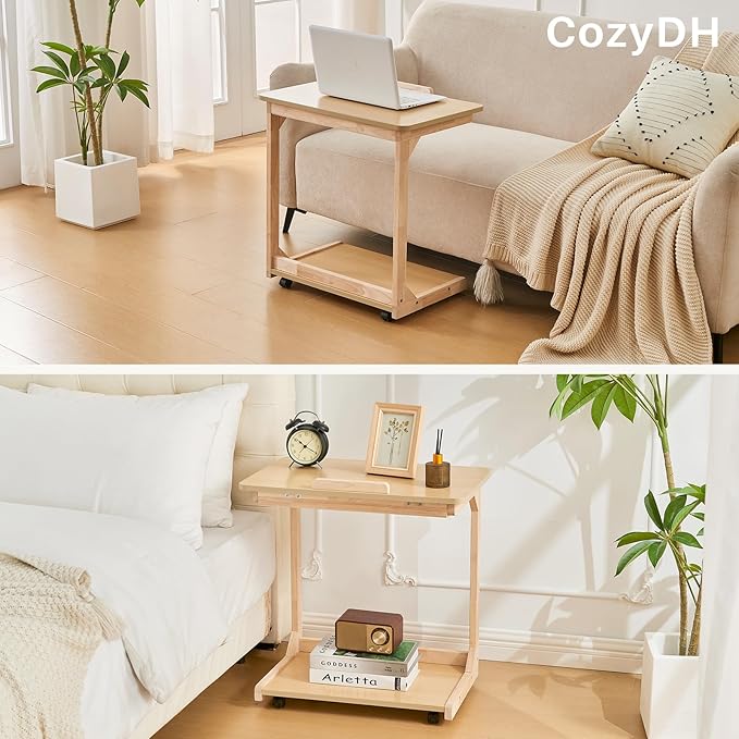 CozyDH Adjustable C Shaped End Table, Rolling Side Table Solid Wood TV Sofa - Image 7