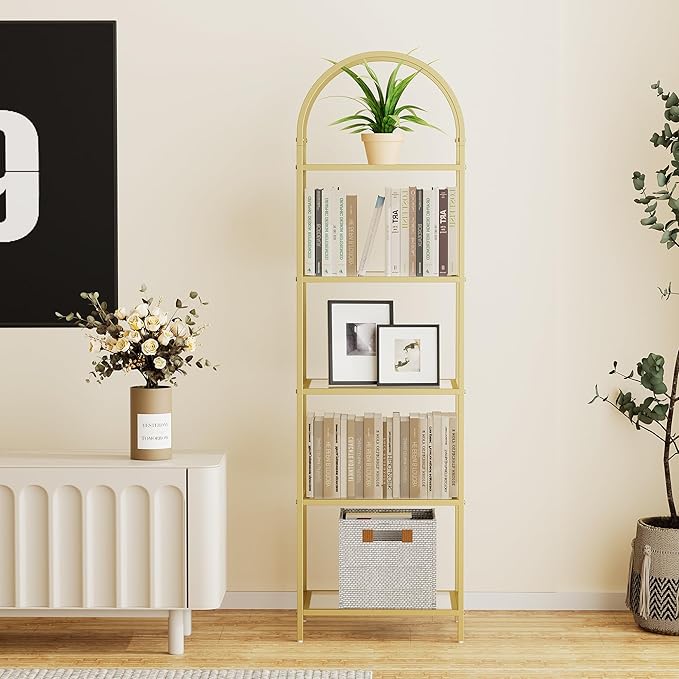 Homhedy Bookshelf Arched Display Racks, Metal Bookcase, Tempered Glass Shelves - Image 3