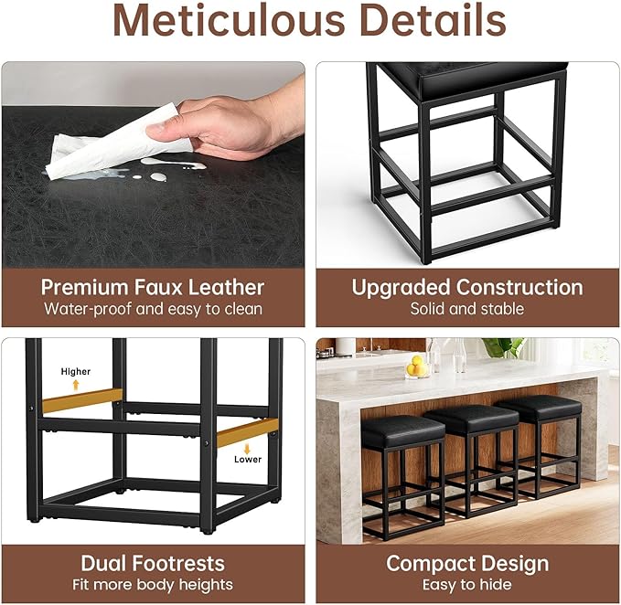 Counter Height Bar Stools Set of 3, Faux Leather Counter Stools - Image 5
