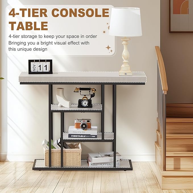 HABUTWAY 42" Industrial Console Table, Narrow 4-Tier Wood Entryway Table - Image 6