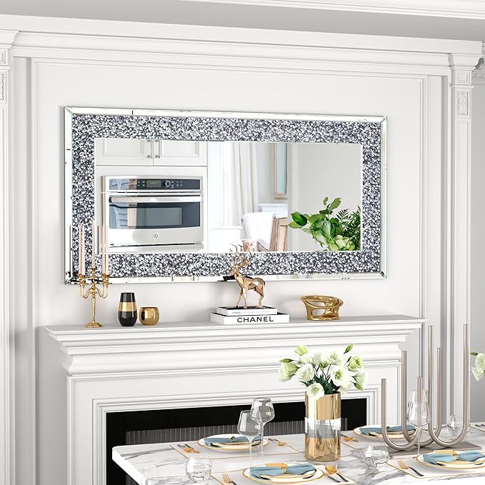 Crystal Crush Diamond Wall Mirror-47 x24 Silver Mirror, Gorgeous Rectangle - Image 2