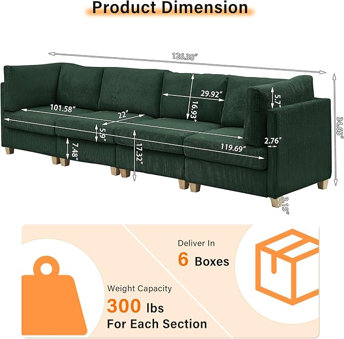 126" Convertible L-Shaped Modular Sectional Sofa, 4 Seater Corduroy Upholstered - Image 2